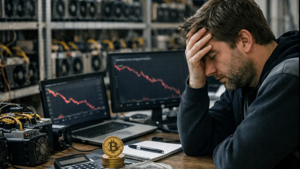 Bitcoin trápi ťažiarov. Zdroj: sora.chatgpt.com Bitcoin trápi ťažiarov